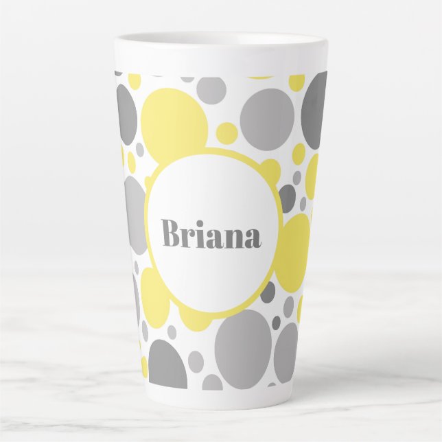 Moderne graue und gelbe Blasen Personalisiert Milchtasse (Vorderseite)