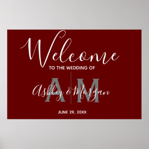 Moderne graue und rote Paare Monogramm Hochzeit Be Poster
