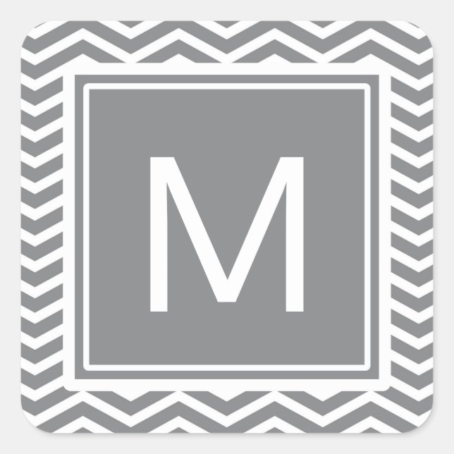 Moderne graue und weiße Chevronen mit Monogramm Quadratischer Aufkleber (Vorderseite)