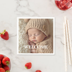 Moderne graue und weiße Geburtsanzeige mit Foto Serviette