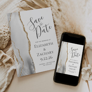 Moderne graue weiße Gold-Achat-Hochzeitseinladung Save The Date