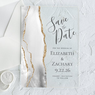 Moderne graue, weiße Gold-Agate-Hochzeit retten da Acryleinladungen