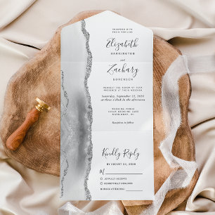 Moderne graue weiße silberne Achat-Hochzeit All In One Einladung