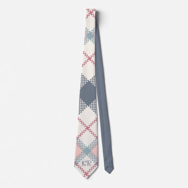 Moderne Gray Pink White Cross Stitch Initialen Krawatte (Vorderseite)