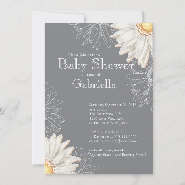 Moderne Gray & White Gerbera Daisy Baby Dusche Einladung (Vorderseite)
