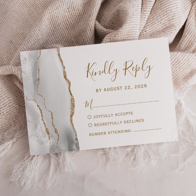 Moderne Gray White Gold Agate Wedding RSVP Karte (Von Creator hochgeladen)