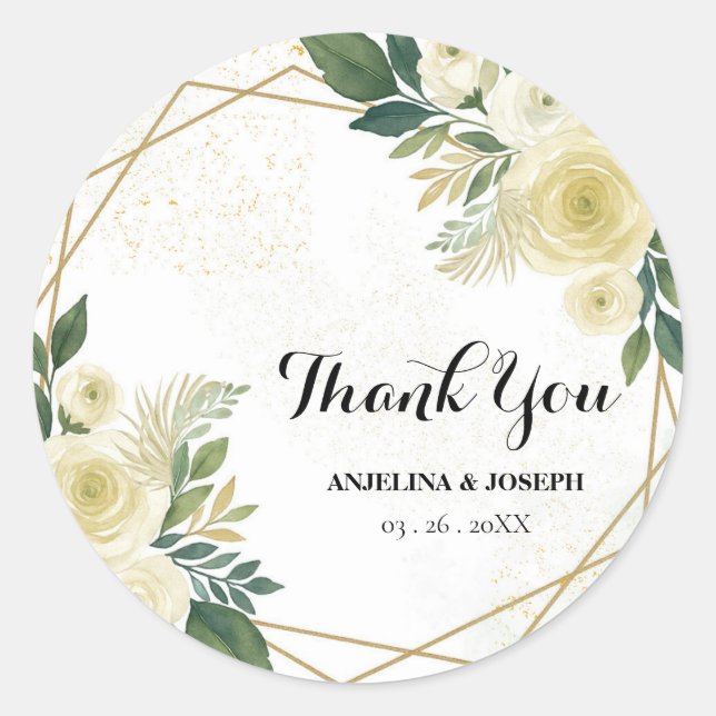 Moderne Green Floral Gold Gastgeschenk Hochzeit Vi Runder Aufkleber (Vorderseite)