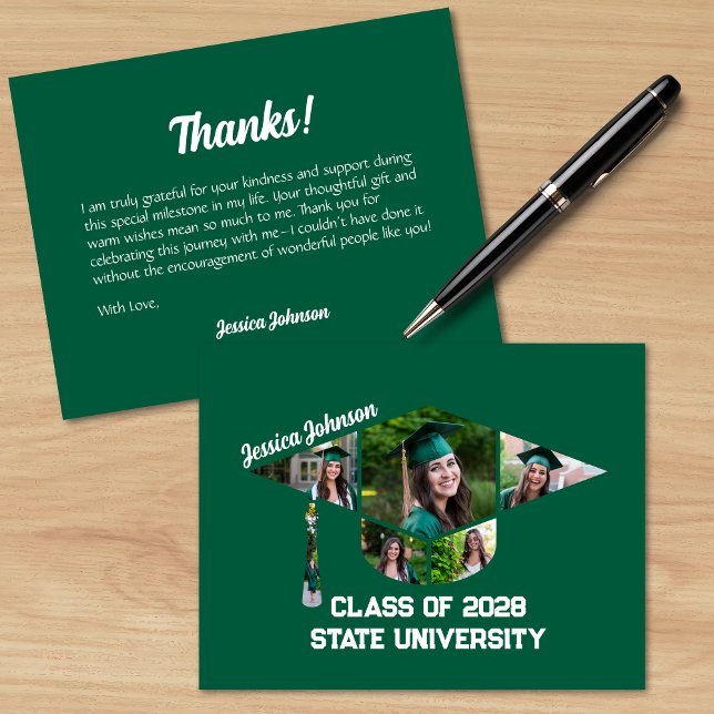 Moderne Green Graduation Cap Form Foto Collage Dankeskarte (Modern Green Graduation Cap Shape Photo Collage Matching Thank you Cards)