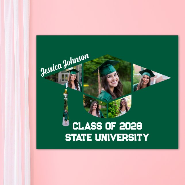 Moderne Green Graduation Cap Form Foto Collage Poster (Green Graduation Cap Shape Photo Collage Poster Print)