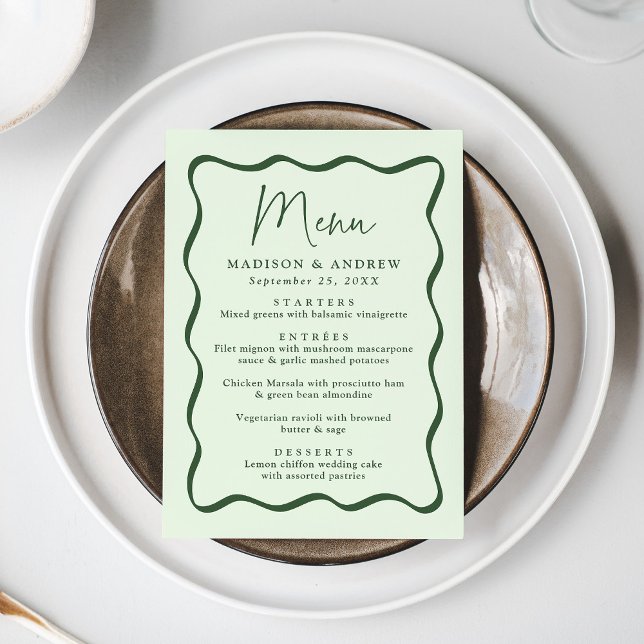 Moderne Green Wavy Frame Wedding Menükarte (Von Creator hochgeladen)