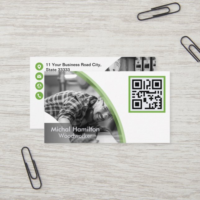 Moderne Green Woodworker Business Card Visitenkarte (Vorderseite/Rückseite Beispiel)