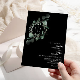 Moderne Greenery Black Monogram Wedding Einladung