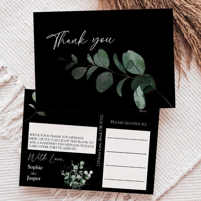 Moderne Greenery Black Wedding Vielen Dank Postkarte (Von Creator hochgeladen)