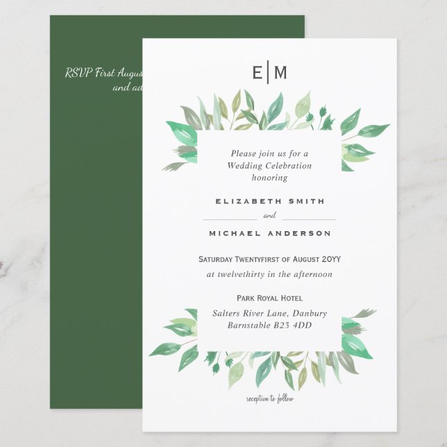 Moderne Greenery Monogram Budget Hochzeit lädt A9  (Vorne/Hinten)
