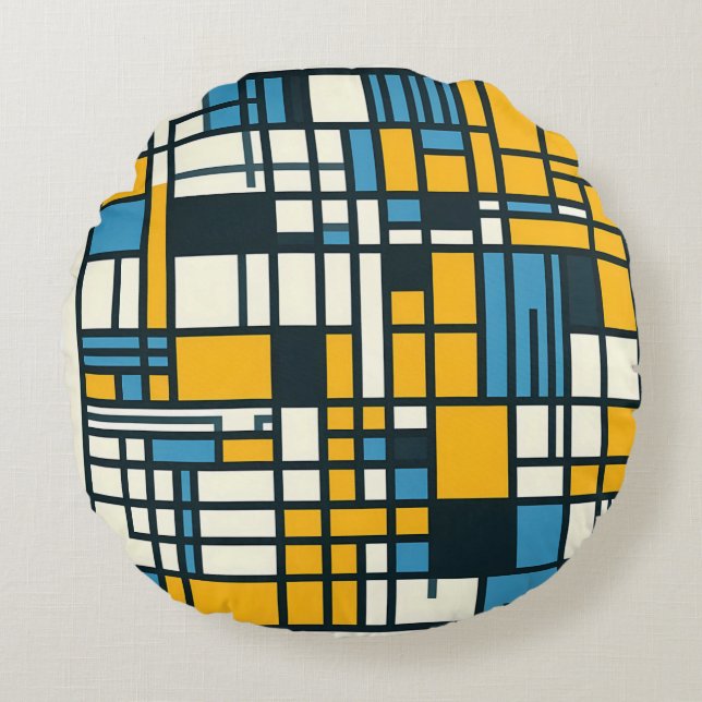 Moderne Gridabstraktion - Mondrian-Inspiriert Geom Rundes Kissen (Vorderseite)