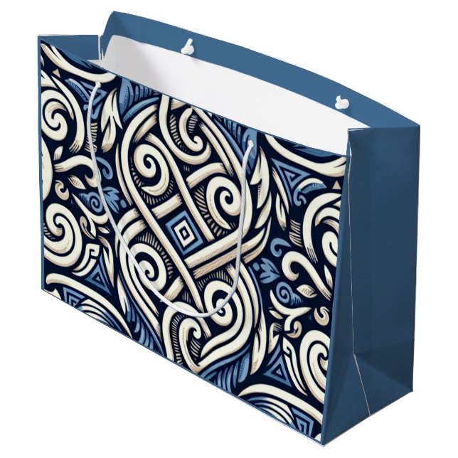 Moderne griechisch-blaue Muster Große Geschenktüte (Rückseite Schrägansicht)