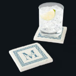 Moderne griechische Tastenrahmen-Monogram-Elegante Steinuntersetzer<br><div class="desc">Moderner und eleganter,  ozeanblauer Monogramm-Untersetzer mit eigenem Initial und Namen in einem griechischen Schlüsselrahmen,  der in der mediterranen Küstenfarbe umrahmt ist.</div>