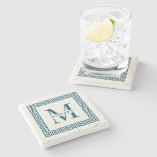 Moderne griechische Tastenrahmen-Monogram-Elegante Steinuntersetzer