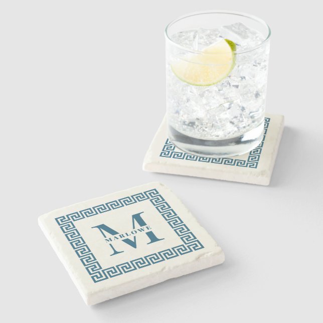 Moderne griechische Tastenrahmen-Monogram-Elegante Steinuntersetzer (Seitenansicht)