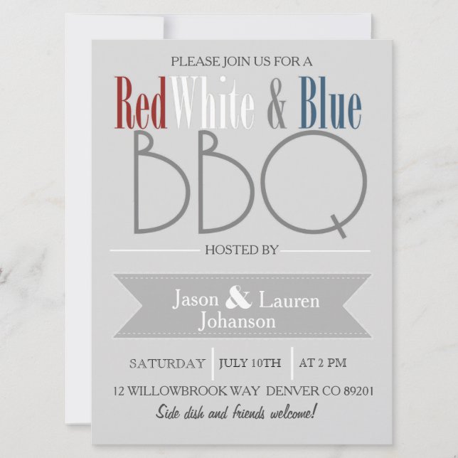 Moderne GRILLEN Rot Weiß und Blau | 4. Juli Party Einladung (Vorderseite)