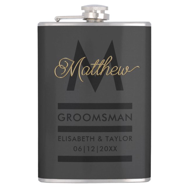 Moderne Groomsmans aus Schwarz und Gold mit Namen  Flachmann (Vorderseite)