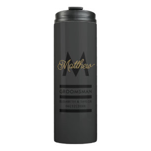 Moderne Groomsmans aus Schwarz und Gold mit Namen  Thermosbecher