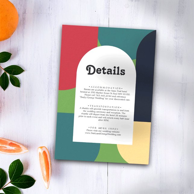 Moderne Groovy farbenfrohe Retro Arch Wedding Deta Begleitkarte (Von Creator hochgeladen)