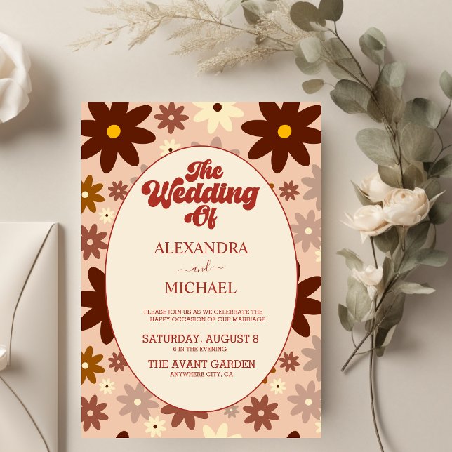 Moderne Groovy Retro 70er Floral Wedding Einladung (Von Creator hochgeladen)