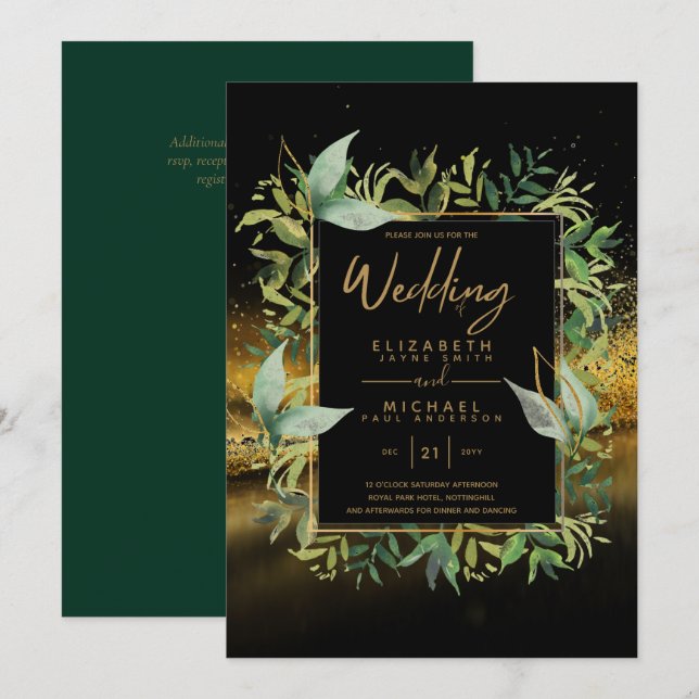 Moderne grün goldene Hochzeitsfeiern Einladung (Vorne/Hinten)