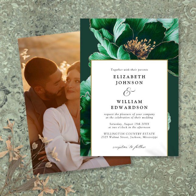 Moderne Grün- und Goldblumenhochzeit für smaragdgr Einladung (Modern Emerald Green And Gold Floral Photo Wedding Invitation)