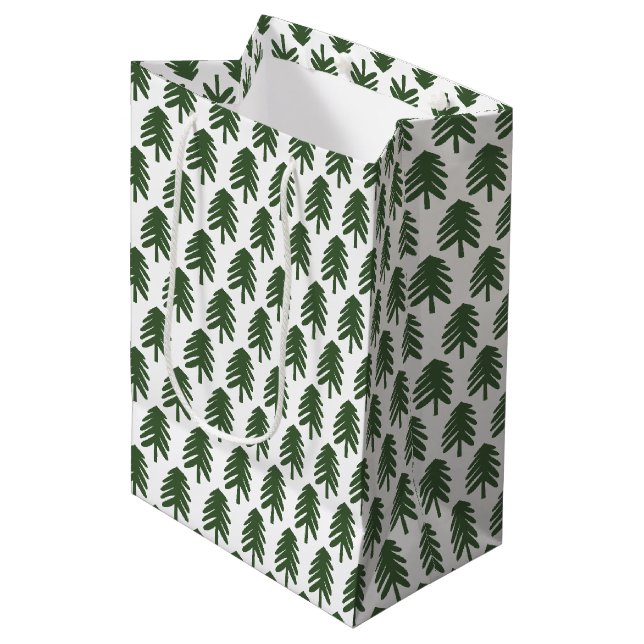 Moderne Grün- und Weiße Weihnachtsbaumbeutel Mittlere Geschenktüte (Vorderseite Schrägansicht)