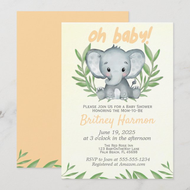 Moderne Grünanlage Elefant Neutral Baby Shower Inv Einladung (Vorne/Hinten)