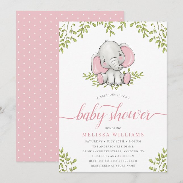 Moderne Grünanlage Elephant Girl Baby Dusche Einladung (Vorne/Hinten)