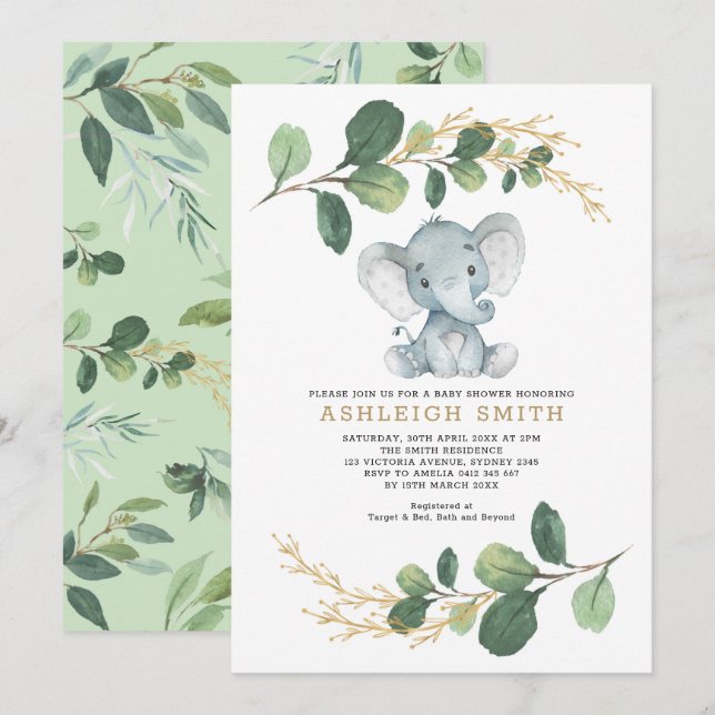 Moderne Grünanlage Elephant Jungle Babydusche Einladung (Vorne/Hinten)