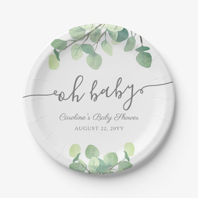Moderne Grünanlage Eucalyptus Babydusche Pappteller (Vorderseite)