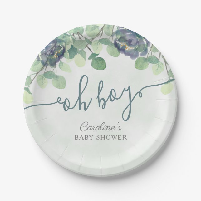 Moderne Grünanlage Oh Boy Blue Floral Baby Dusche Pappteller (Vorderseite)
