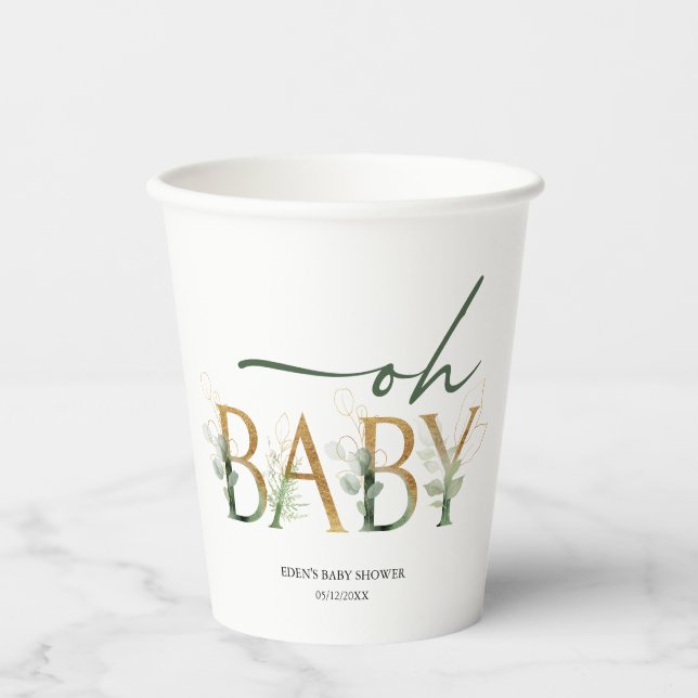 Moderne Grünanlage und Gold Oh Baby Dusche Pappbecher (Vorderseite)