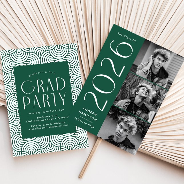 Moderne Grüne 3-Foto-Graduationspartei 2025 Einladung (Von Creator hochgeladen)