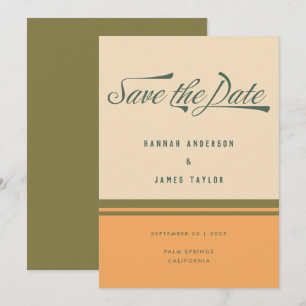 Moderne grüne 70er Streifen Retro Typografie Hochz Save The Date