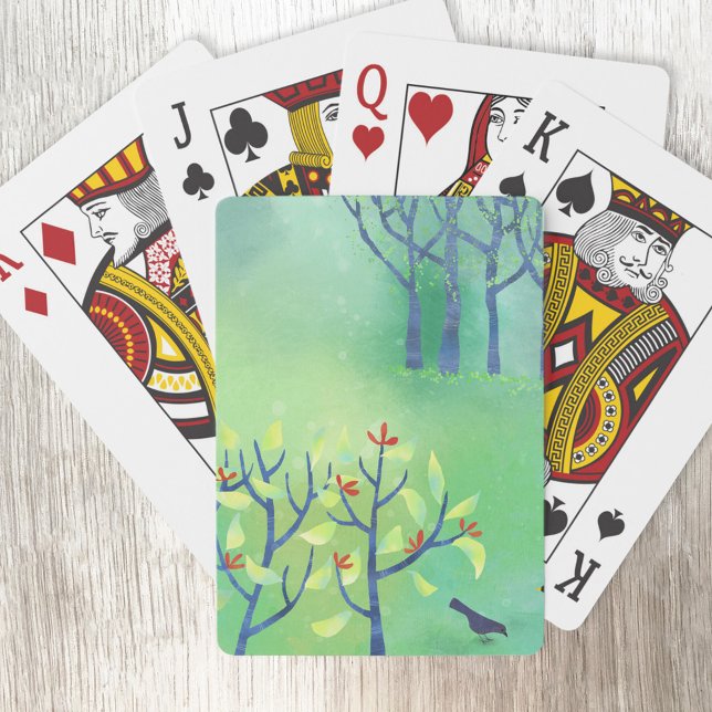 Moderne grüne Abstrakte Landschaft Spielkarten (Green moderbn abstract landscape with bird and trees art playing cards)