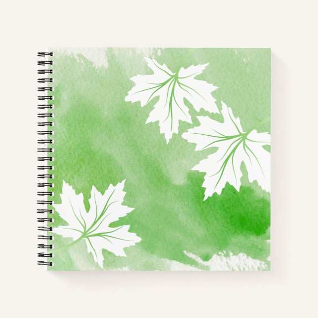 Moderne grüne Aquarelltöne und Blätter aus weißem  Notizbuch (Vorderseite)