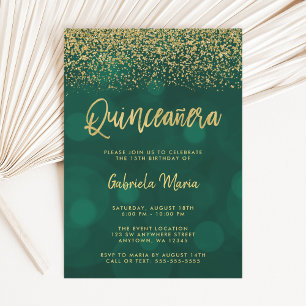 Moderne Grüne Bokeh Gold Glitter Quinceanera Einladung