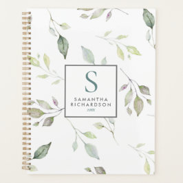Moderne grüne botanische Blätter Aquarellfarbenmon Planer