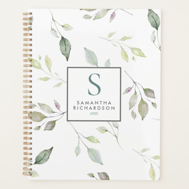 Moderne grüne botanische Blätter Aquarellfarbenmon Planer (Vorderseite)