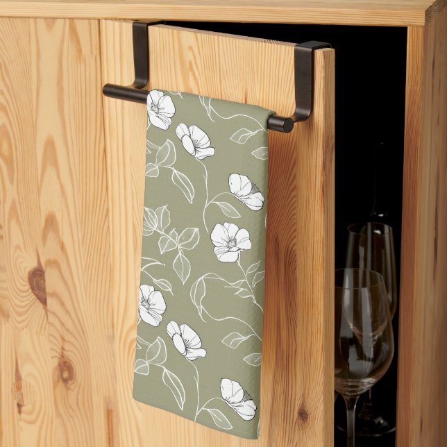 Moderne grüne botanische Blume Blumenmuster Geschirrtuch (Drittel gefaltet)