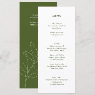 Moderne grüne Botanische Blumenhochzeit Menükarte