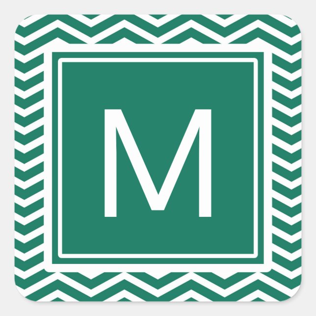 Moderne grüne Chevronen mit Monogramm Quadratischer Aufkleber (Vorderseite)