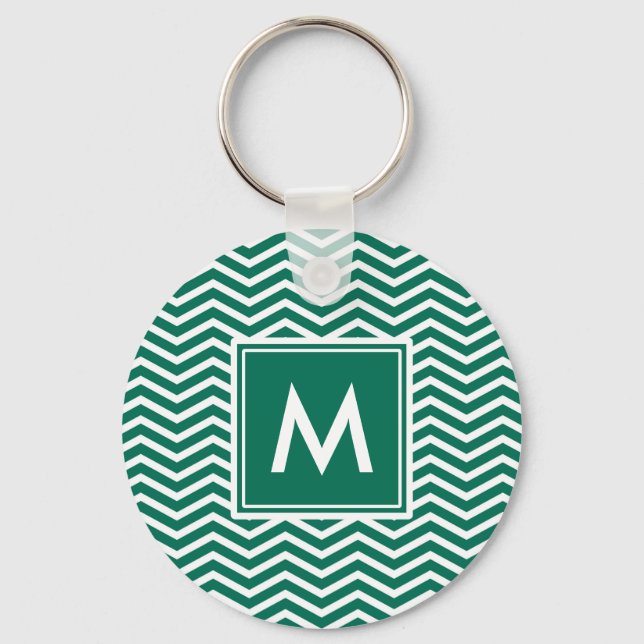 Moderne grüne Chevronen mit Monogramm Schlüsselanhänger (Vorderseite)