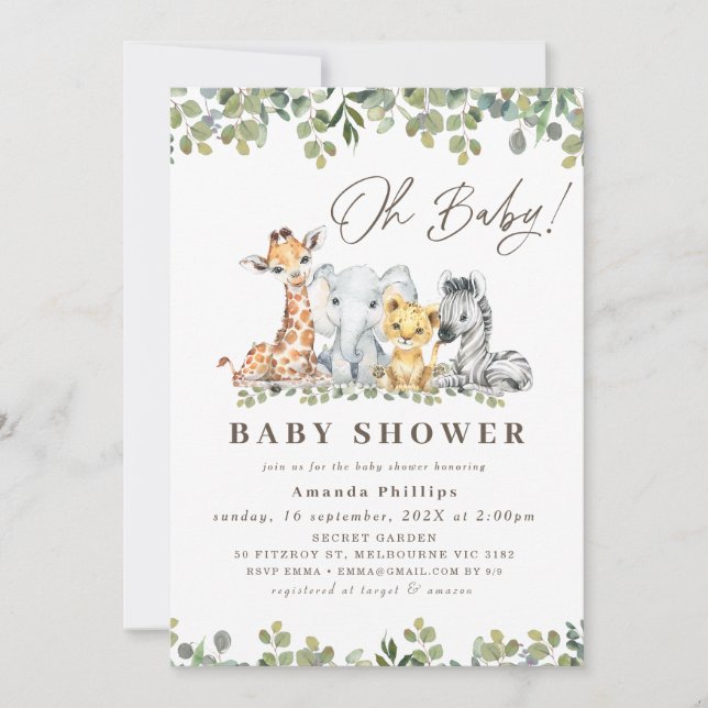 Moderne grüne Eucalyptus Foliage Safari Babydusche Einladung (Vorderseite)