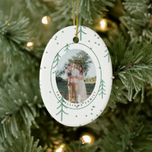 Moderne grüne Familienfoto-Oval-Weihnachtsdekorati Keramik Ornament